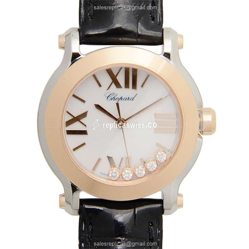 Chopard Happy Sport Replica - Quartz - 18kt Rose Gold & Steel Case - White Dial - Black Alligator Strap - Luxury Replica HAPPY SPORT Watch